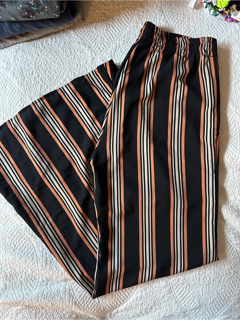 Women's Black Sweatpants with Tan and Cream Vertical Stripes